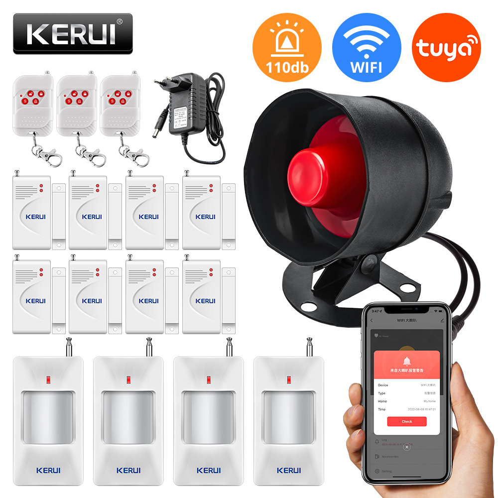 Smart Home Speaker - Kerui Tuya ไซเรนความปลอดภัยในบ้านลำโพง WiFi, ไซเรนเสียงสูงเดซิเบลระบบเตือนภัยกันขโมยพร้อมประตูหน้าต่างเซ็นเซอร์การเคลื่อนไหวสำหรับบ้าน
