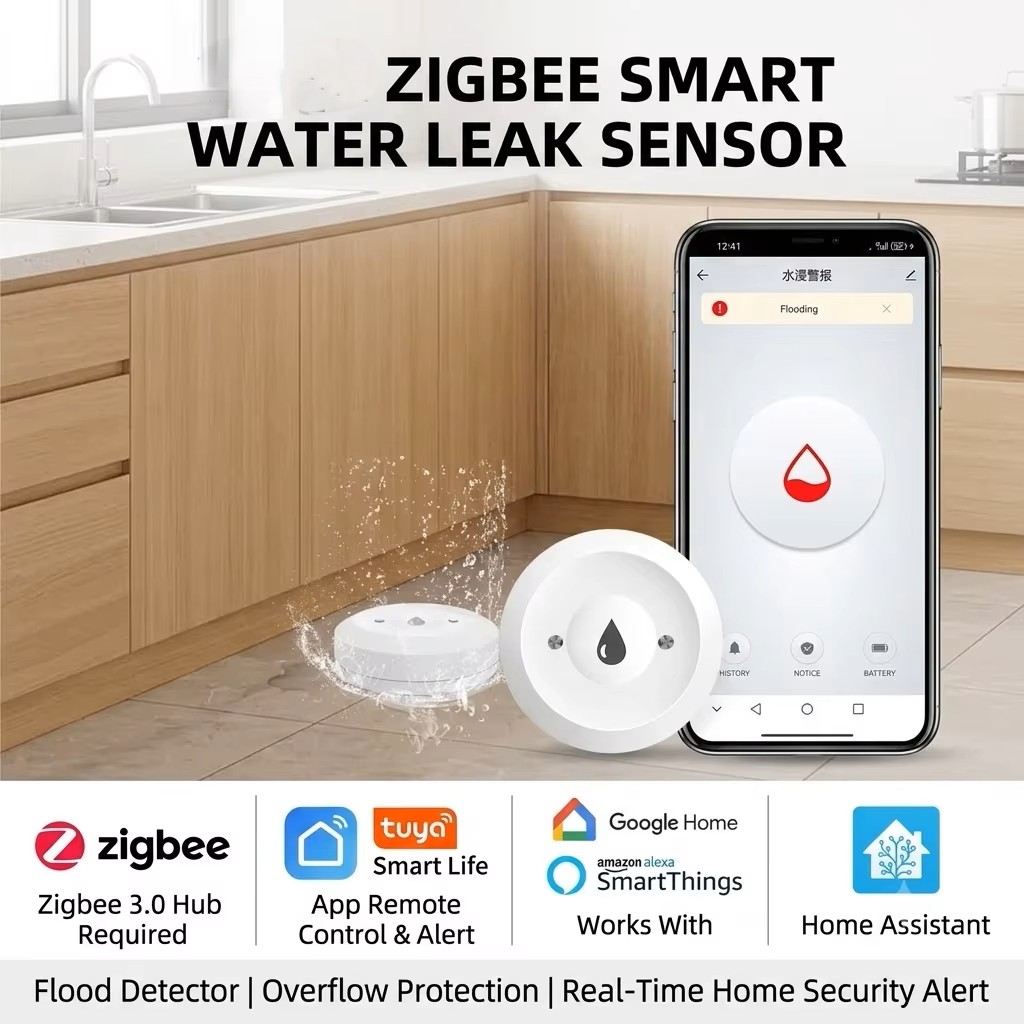 Smart Home Samsung - เซ็นเซอร์ตรวจจับน้ำรั่วอัจฉริยะ ZigBee 3.0 เครื่องตรวจจับน้ำท่วมไร้สาย สัญญาณเตือนน้ำรั่วและน้ำล้น ระบบความปลอดภัยบ้านอัจฉริยะ
